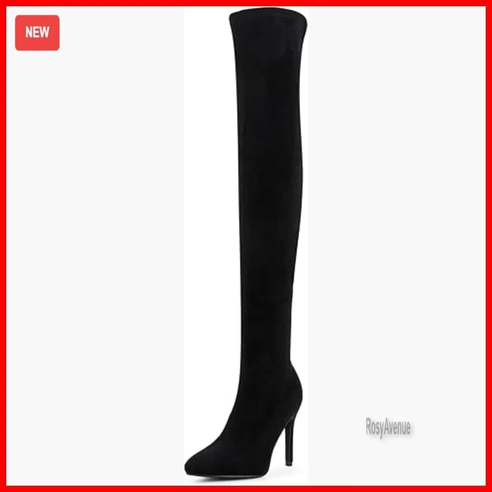 Stretchy Leather Thigh High Snow Boots with 3.5 Inch Heel